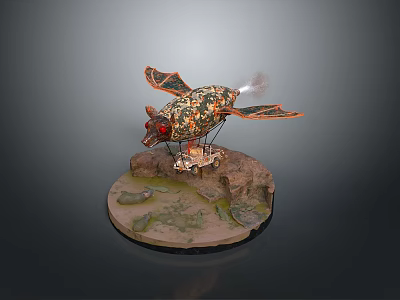 Decorative Bat Like Creature with Colorful Patterned Wings Red Eyes Rock Base and Mechanical Parts 3d model