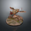 Decorative Bat Like Creature with Colorful Patterned Wings Red Eyes Rock Base and Mechanical Parts
