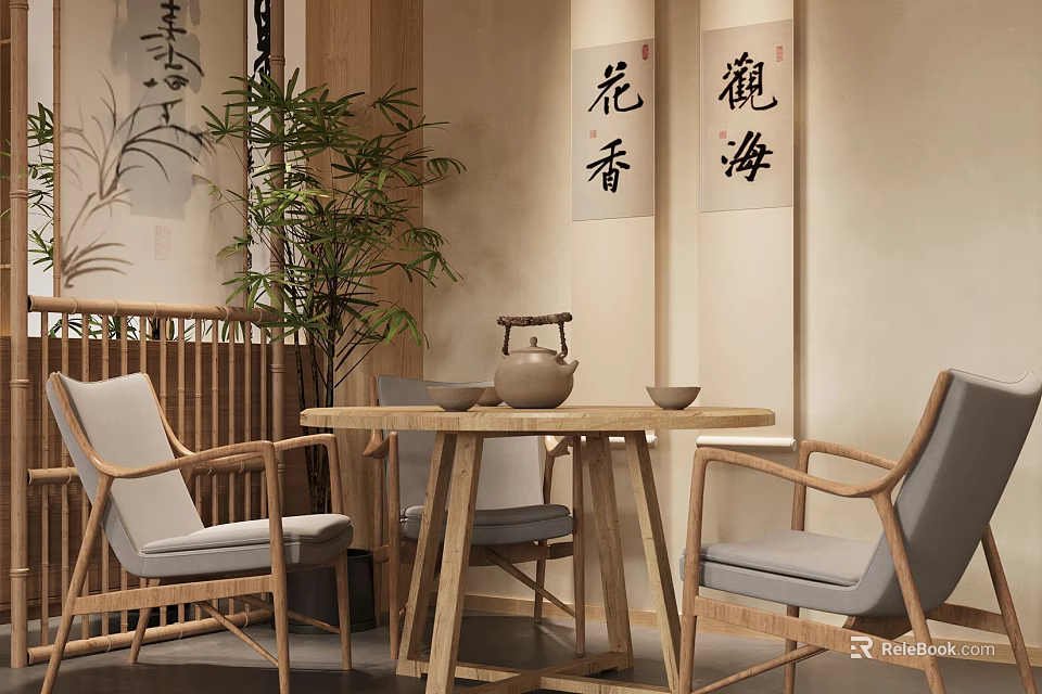 Chinese Style Wooden Tea Table And Chairs With Calligraphy Art And Green Plant 3d model 