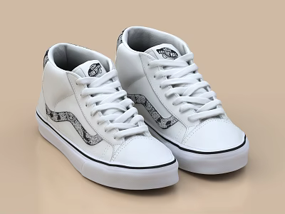 Stylish White High Top Casual Shoes With Snake Print Design And Black Trim Sole 3d model