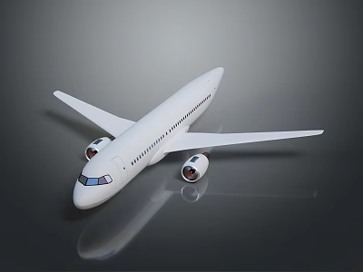 White Airplane Model With Twin Engines Detailed Wings And Smooth Fuselage On Dark Reflective Background 3d model