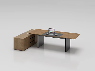 Modern Office Desk with Wooden Top Black Metal Legs Side Cabinet and Laptop on Surface 3d model