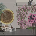 Mall Shop Interior Design With Golden Circular Decor Pink Flower Wall And Green Plants