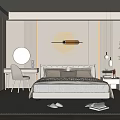Modern Bedroom Interior with Upholstered Headboard Round Decorative Wall Art Dressing Table and Potted Plant