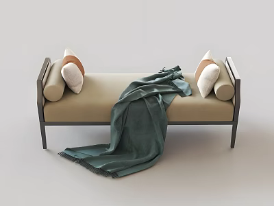 Stylish Beige Sofa Bench with White and Brown Pillows Dark Green Blanket and Dark Frame 3d model