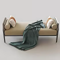 Stylish Beige Sofa Bench with White and Brown Pillows Dark Green Blanket and Dark Frame