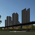 Modern High Rise Residential Landscape With Elevated Track Green Spaces And Trees Under Sunlight
