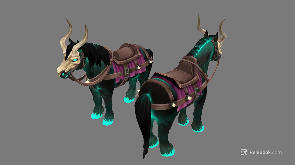 Fantasy Mythical Horses With Horns Dark Mane Glowing Hooves And Purple Saddles 3d model 