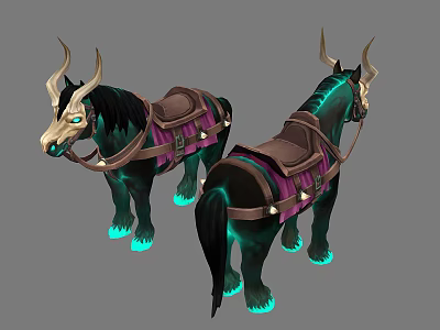 Fantasy Mythical Horses With Horns Dark Mane Glowing Hooves And Purple Saddles 3d model