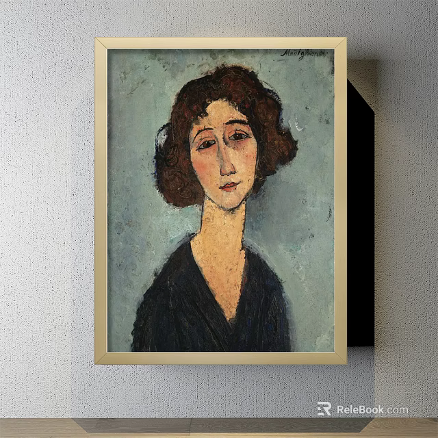 Framed Woman Portrait Painting with Curly Brown Hair Dark Dress and Light Blue Background 3d model 