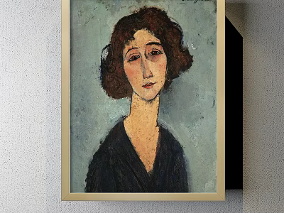 Framed Woman Portrait Painting with Curly Brown Hair Dark Dress and Light Blue Background 3d model