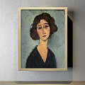 Framed Woman Portrait Painting with Curly Brown Hair Dark Dress and Light Blue Background