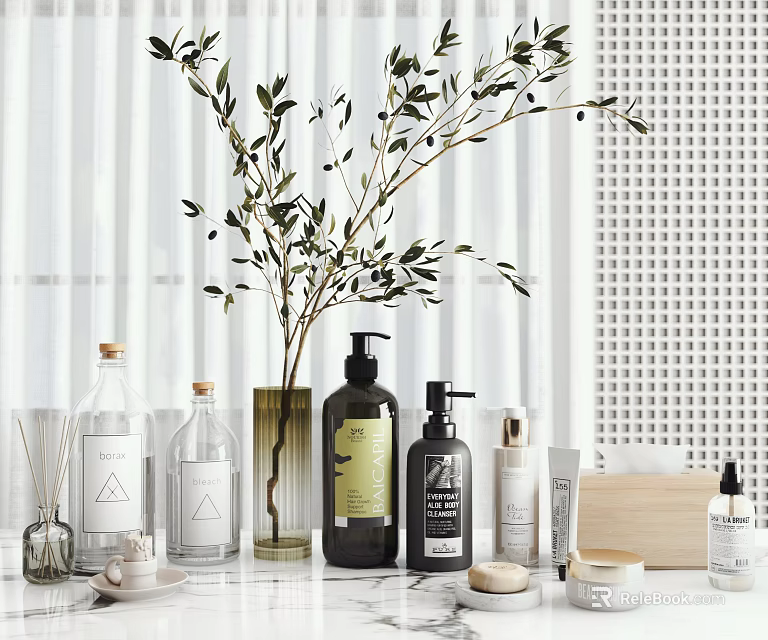 Chic Bathroom Accessories Featuring Soap Dispensers Lotion Bottles Aromatherapy Diffuser And Decorative Vase 3d model 