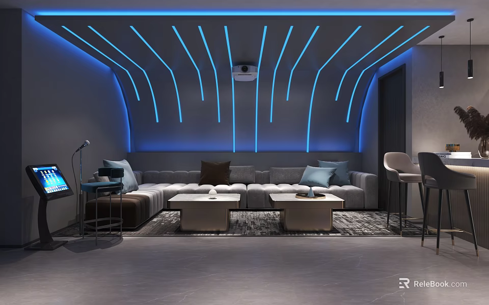 Modern Home Theater Room Design with Curved Blue Lighting L-shaped Sofa Coffee Tables and Projector 3d model 