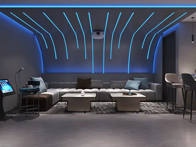 Modern Home Theater Room Design with Curved Blue Lighting L-shaped Sofa Coffee Tables and Projector 3d model