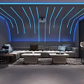 Modern Home Theater Room Design with Curved Blue Lighting L-shaped Sofa Coffee Tables and Projector