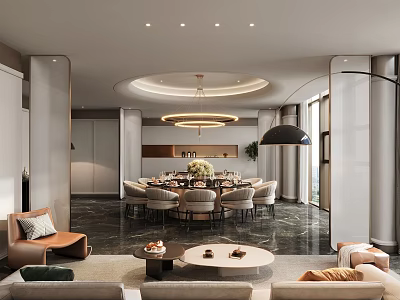 Luxurious Modern Private Dining Room Interior With Dining Table Chairs And Pendant Lights 3d model