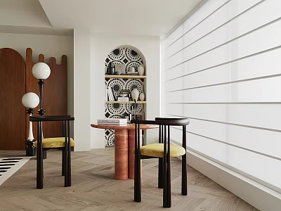 Modern Table and Chair Set With Wooden Frame Yellow Cushioned Seats Near Window Blinds 3d model