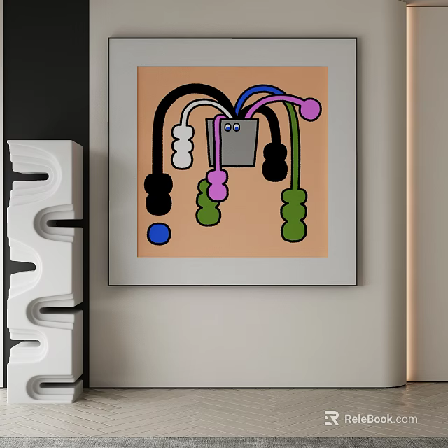 Abstract Painting Featuring Black White Pink Green Blue Curved Lines Circular Shapes On Beige Background 3d model 