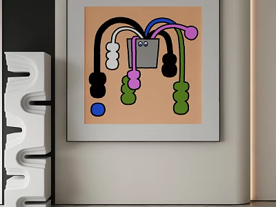 Abstract Painting Featuring Black White Pink Green Blue Curved Lines Circular Shapes On Beige Background 3d model