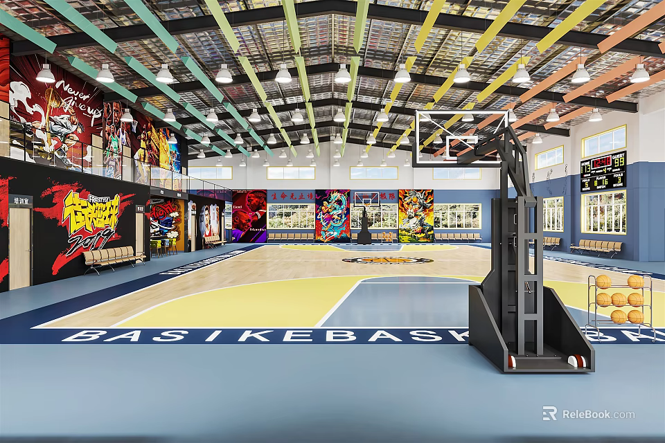 Indoor Basketball Court With Graffiti Walls Basketball Hoop Scoreboard Wooden Flooring And Colorful Ceiling Beams 3d model 