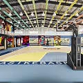 Indoor Basketball Court With Graffiti Walls Basketball Hoop Scoreboard Wooden Flooring And Colorful Ceiling Beams