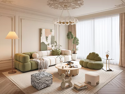 Elegant Modern Green Sofa and Round Coffee Table Set with Armchair Zebra Print Ottoman 3d model