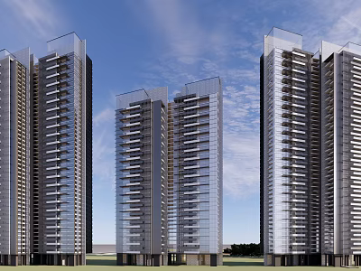 Modern High Rise Buildings With Glass Facade And Urban Architectural Design Against Blue Sky 3d model