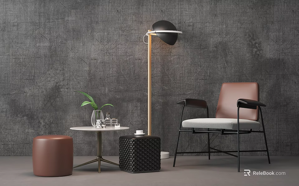 Single Sofa Brown Leather Back White Cushion With Black Lamp Table Green Plant Gray Wall 3d model 