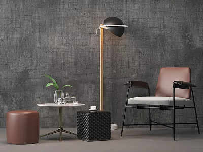 Single Sofa Brown Leather Back White Cushion With Black Lamp Table Green Plant Gray Wall 3d model