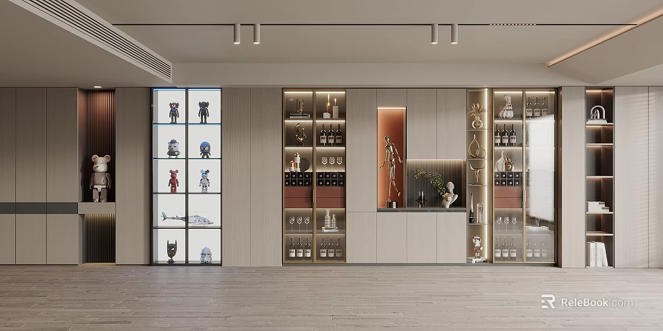 Elegant Modern Wine Cabinet Interior With Glass Doors And Decorative Wine Bottle Displays 3d model 