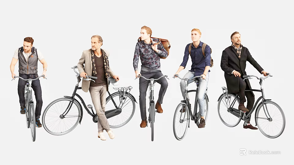 Group of Men Riding Bicycles with Various Styles and Casual Outfits 3d model 