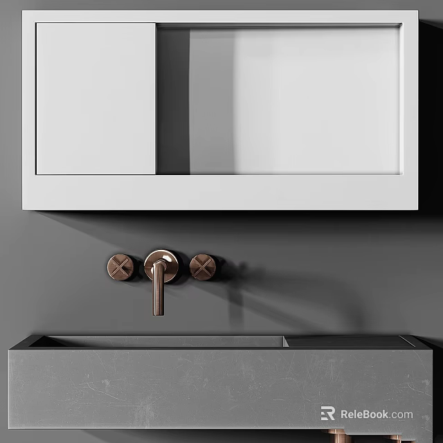 Modern Minimalist Bathroom Washbasin With Copper Faucet Gray Countertop And Mirror Above 3d model 
