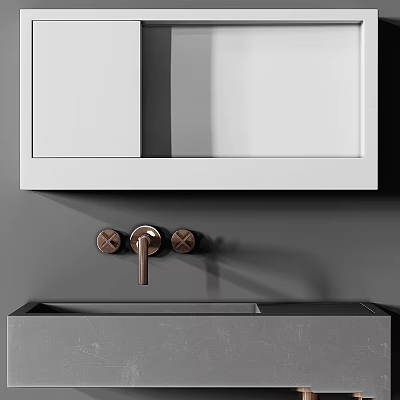 Modern Minimalist Bathroom Washbasin With Copper Faucet Gray Countertop And Mirror Above 3d model
