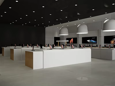Modern Digital Store Interior With White Counters Display Tables And Pendant Lights 3d model
