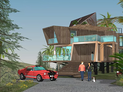 Modern Detached Villa Featuring Wooden Structure Glass Windows Balcony In Natural Surroundings With Palm Trees 3d model