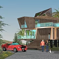 Modern Detached Villa Featuring Wooden Structure Glass Windows Balcony In Natural Surroundings With Palm Trees
