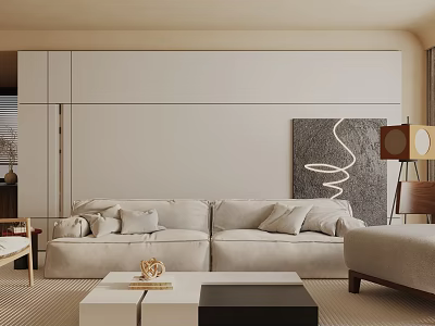 Modern Living Room Interior Design With Light Sofa Black White Coffee Table And Abstract Art 3d model