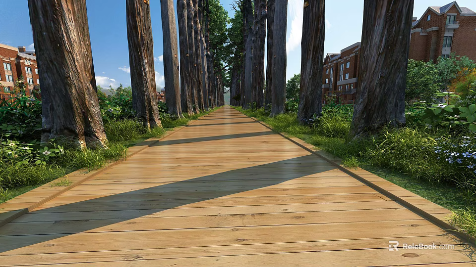 Scenic Wooden Pathway With Tall Trees Sunlight Shadows And Green Plants Alongside Buildings 3d model 