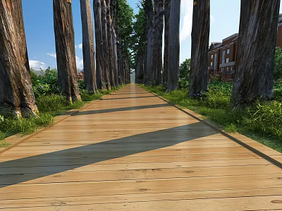 Scenic Wooden Pathway With Tall Trees Sunlight Shadows And Green Plants Alongside Buildings 3d model