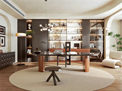 Modern Study Room Interior With Wooden Desk Built In Shelves Pendant Lighting And Round Rug 3d model