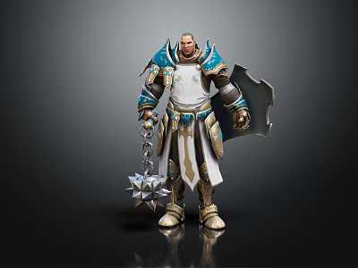 Fantasy Warrior Character in Blue Gold Armor Holding Spiked Mace with Cloak Standing Pose 3d model