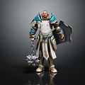 Fantasy Warrior Character in Blue Gold Armor Holding Spiked Mace with Cloak Standing Pose