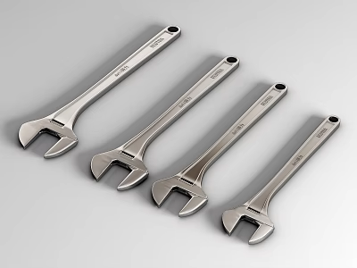 Professional Hardware Tools Shiny Steel Adjustable Wrenches Four Pieces Neatly Placed on Grey Surface 3d model