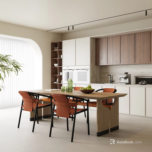 Modern Restaurant Interior Design With Open Layout Wooden Table Orange Chairs And White Cabinets 3d model 