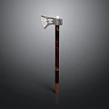 Detailed Metal Head Axe With Polished Wooden Handle And Textured Grip