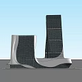 Modern Office Building With Two Tall Towers Unique Curved Roof Sunset Sky And Water Reflection
