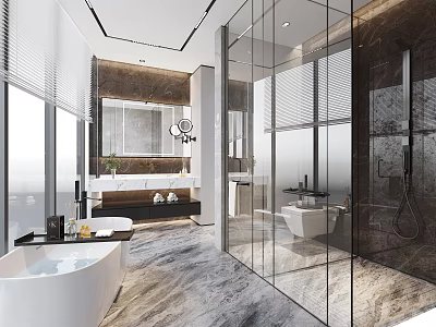 Modern Bathroom Interior With White Bathtub Glass Shower Marble Flooring And Large Mirror 3d model