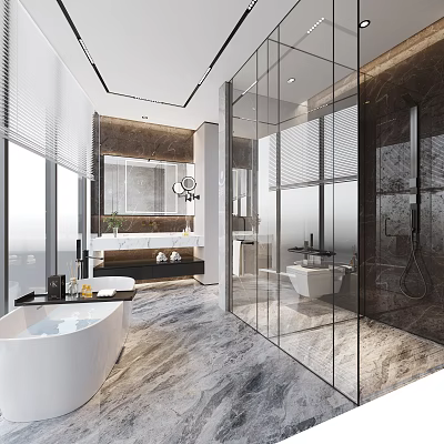 Modern Bathroom Interior With White Bathtub Glass Shower Marble Flooring And Large Mirror 3d model