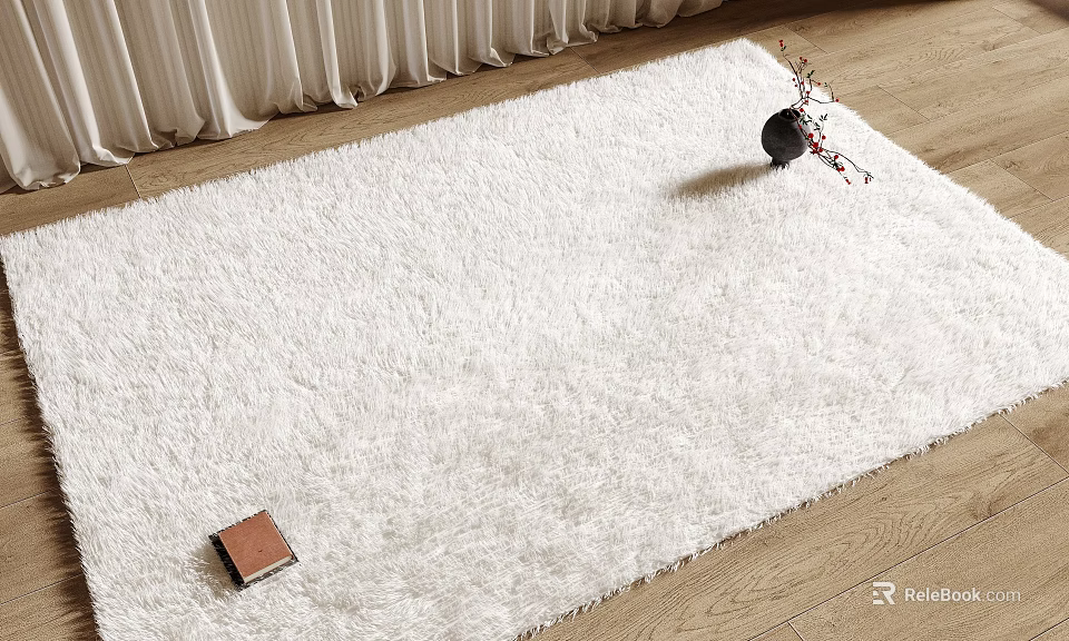 Soft White Square Shaggy Rug On Wooden Floor With Potted Plant And Book 3d model 